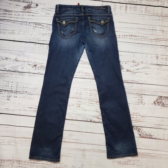 Guess Jeans Flirty Boot Cut Dark Wash Stretch Distressed Flap Pockets - Picture 2 of 15